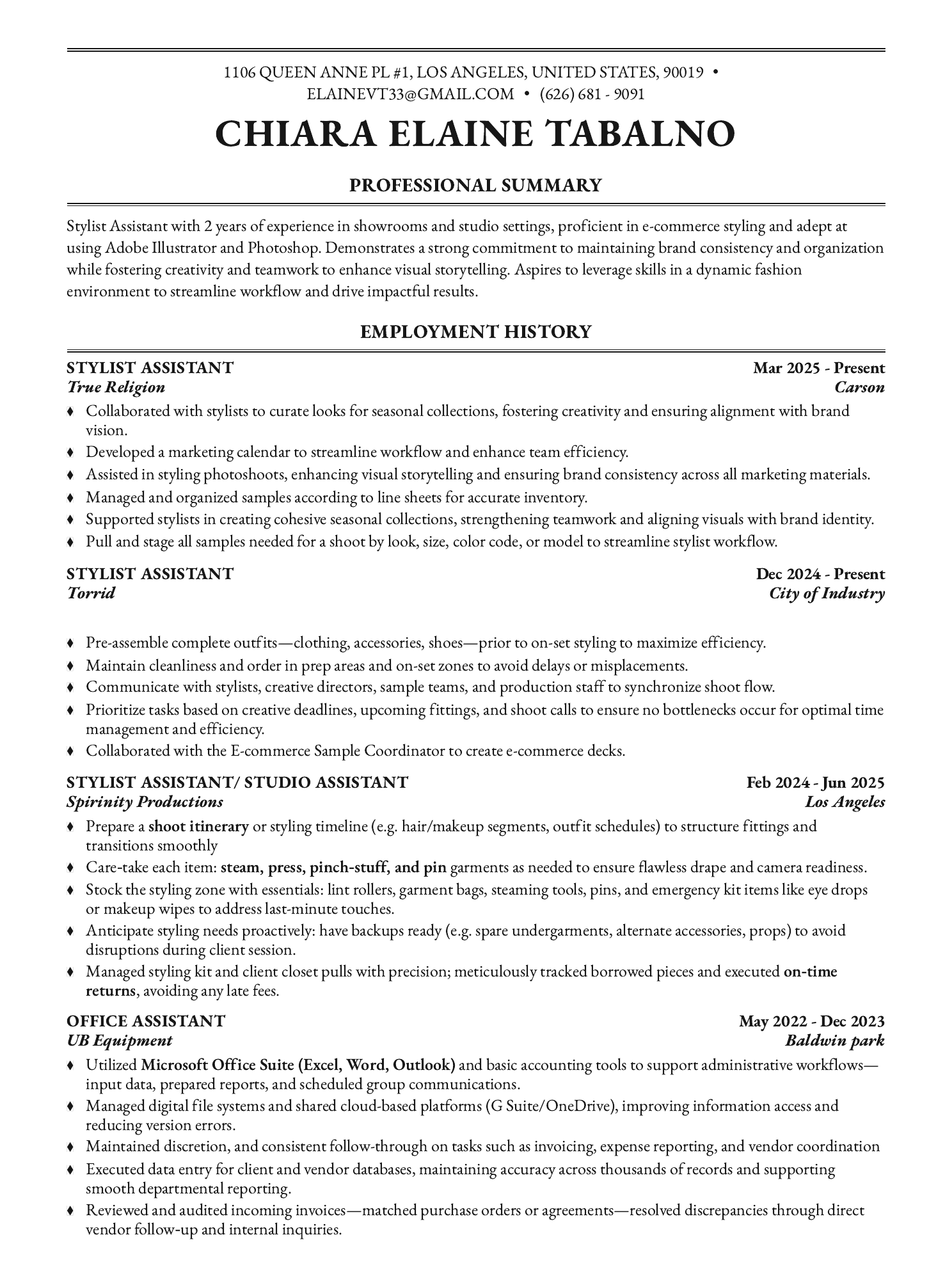 Chiara Elaine resume page 1